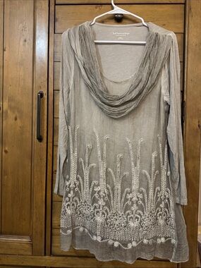 Soft Surroundings Silk lining Taupe Cowl-Neck Tunic with White Embroidery